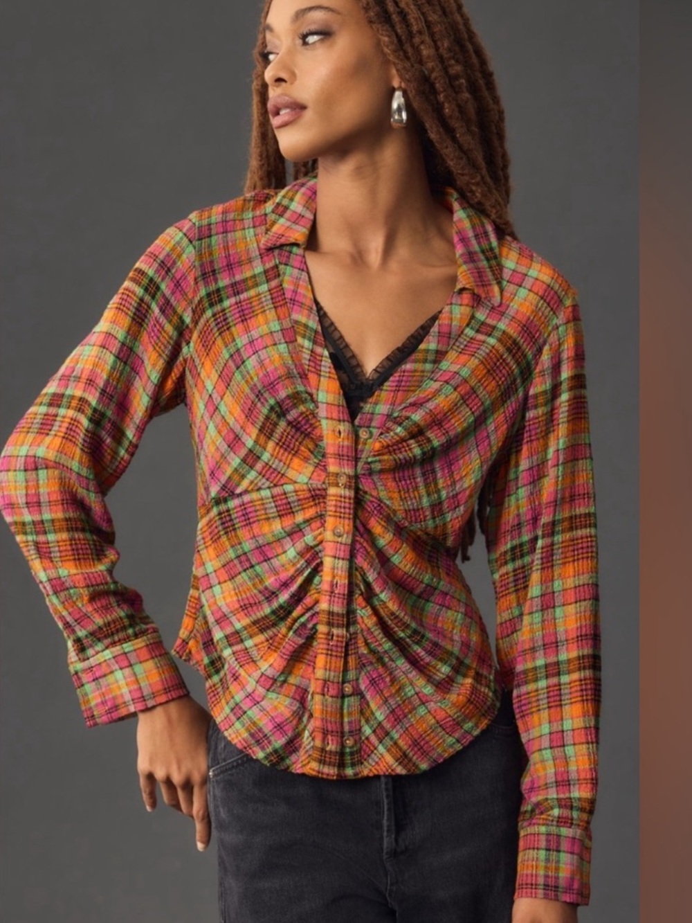 Anthropologie Multicolor Plaid Ruched Button-Down Shirt